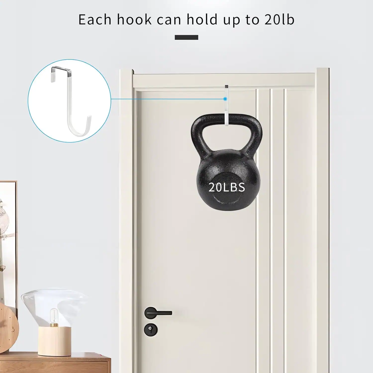 Kettlebell and hook for small apartment entryway organization, space-saving storage solution.