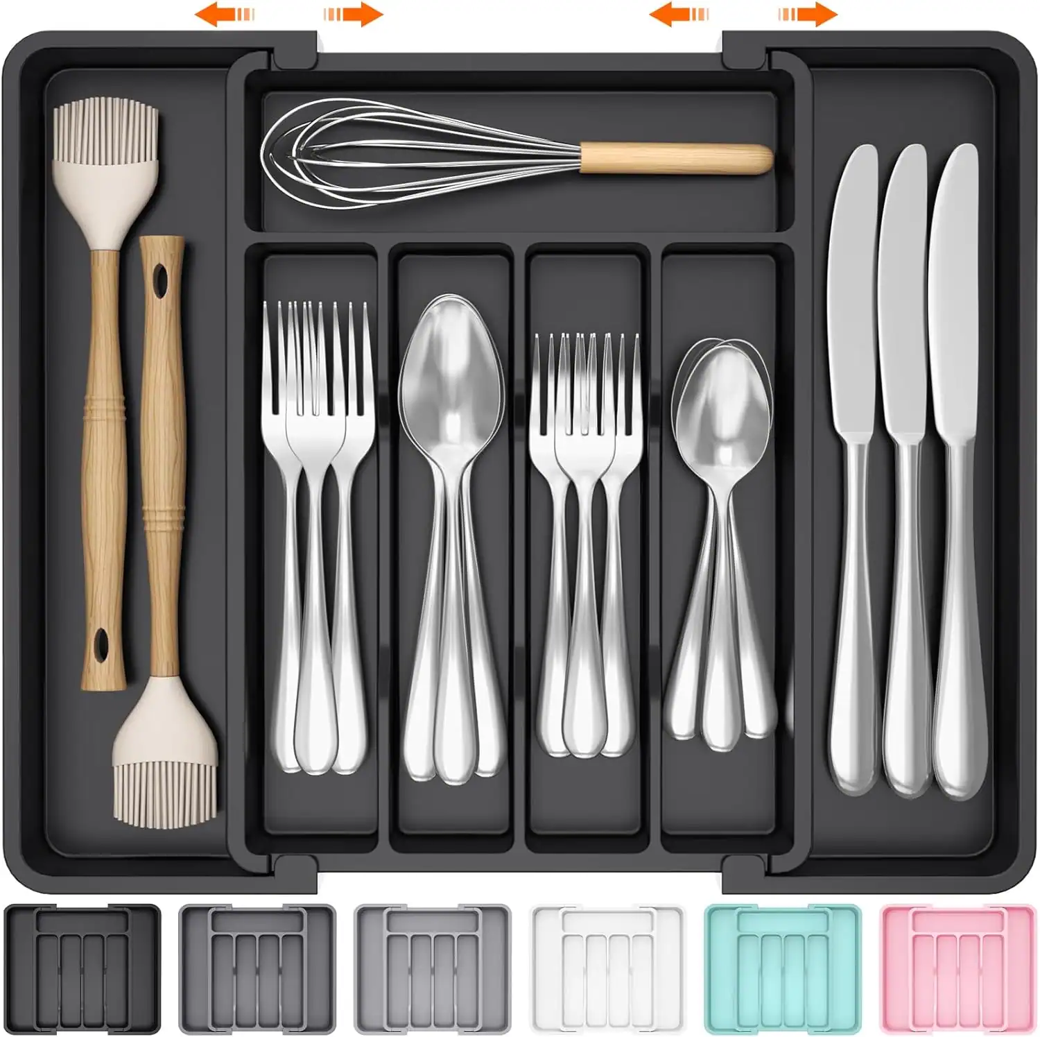 Efficient small apartment kitchen organization with utensils and cutlery storage.