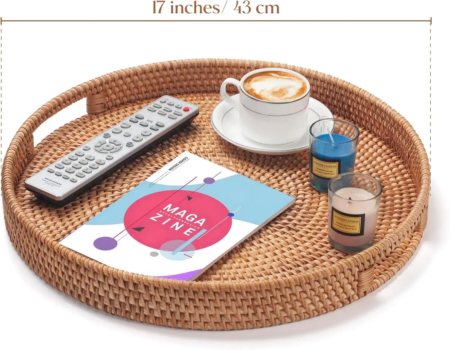 Rattan tray holding coffee, remote, magazine, and candles for small apartment entryway organization.