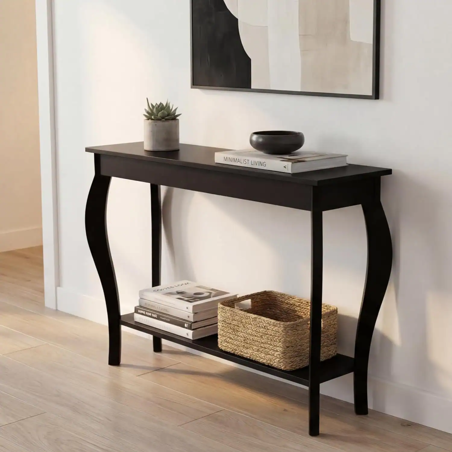 narrow entryway console table with storage baskets in a small apartment