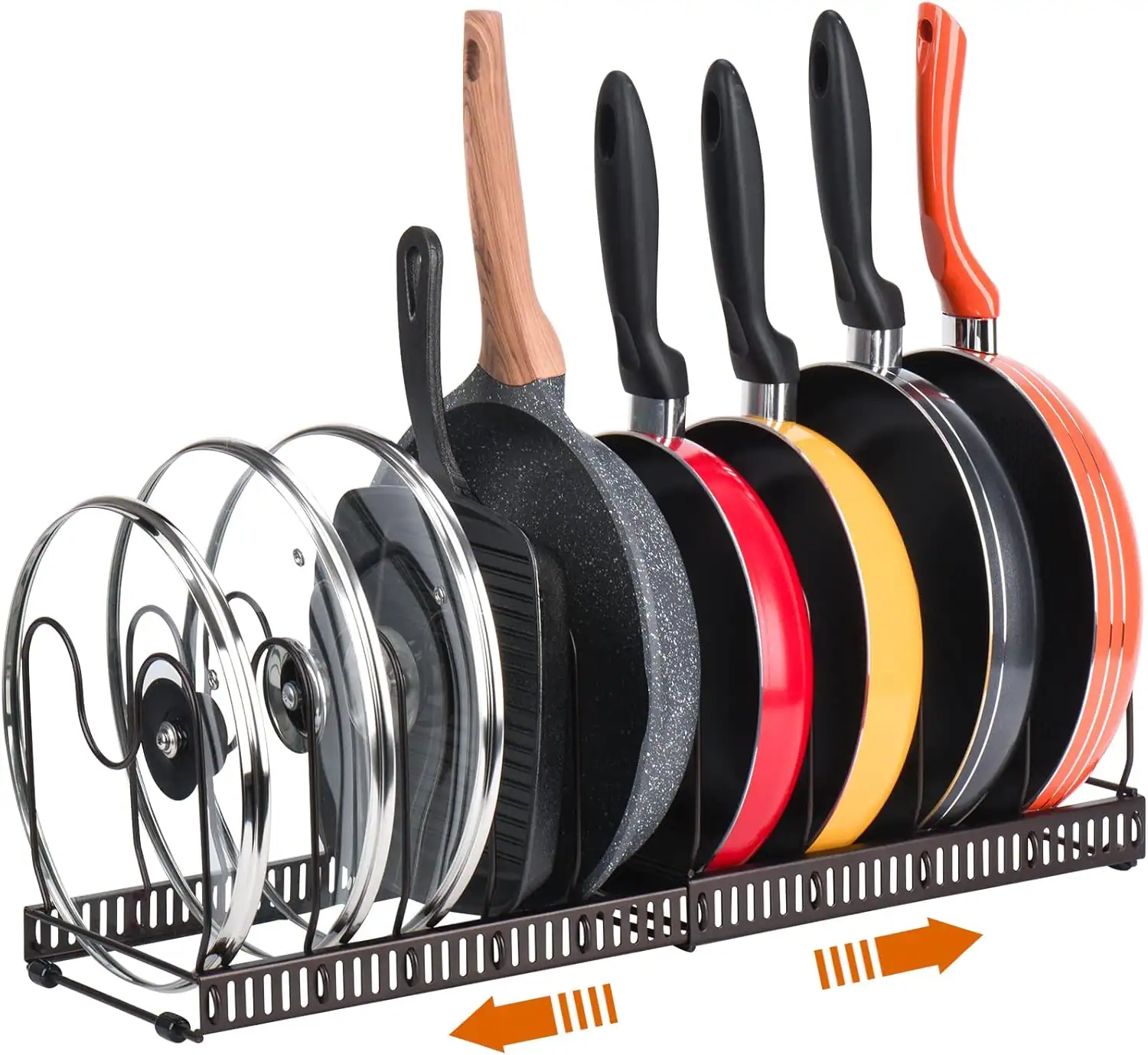 Efficient kitchen organization with pan and lid storage for small spaces.