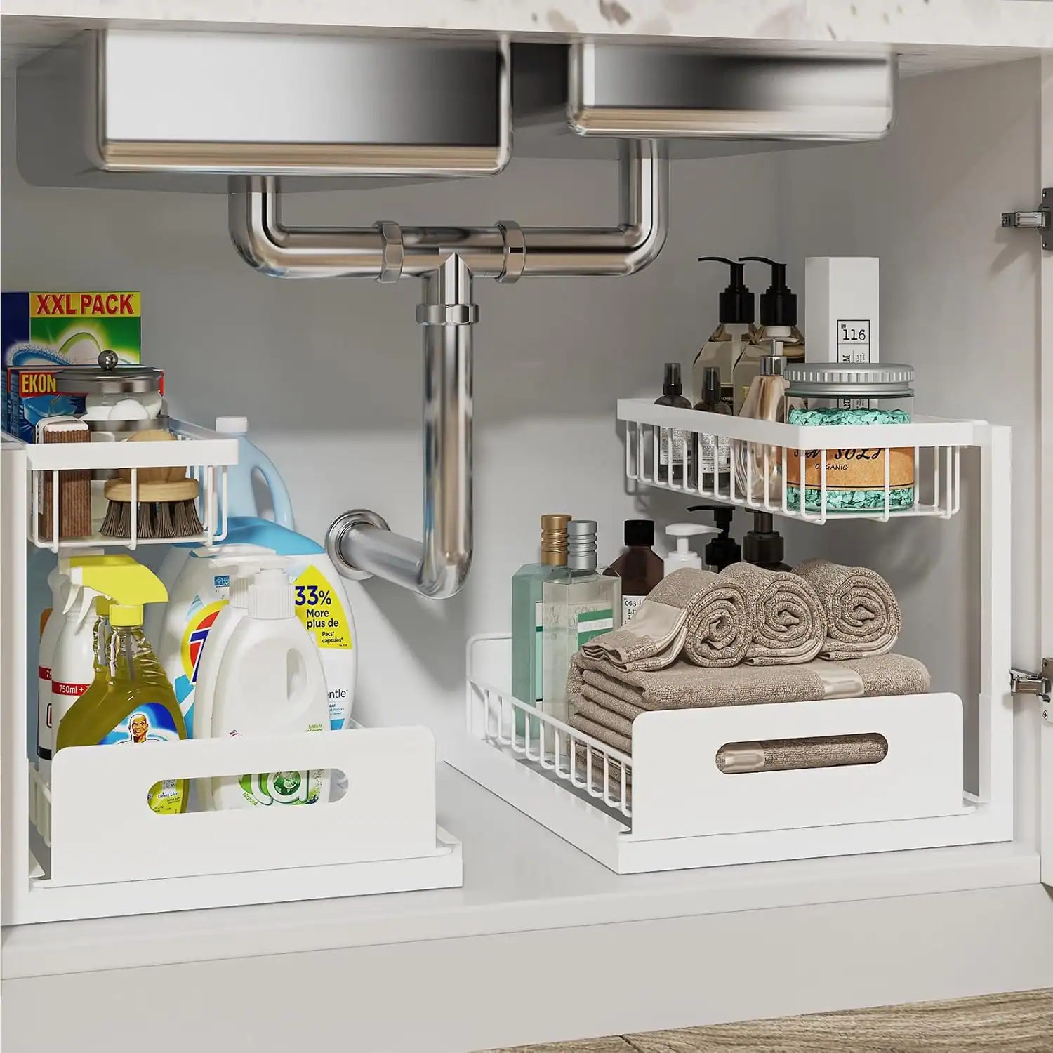 Sink storage for cleaning supplies and toiletries.