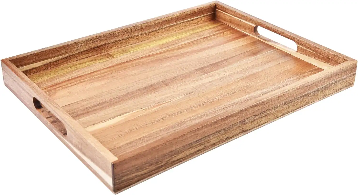 Wooden serving tray for organizing small apartment entryway essentials.