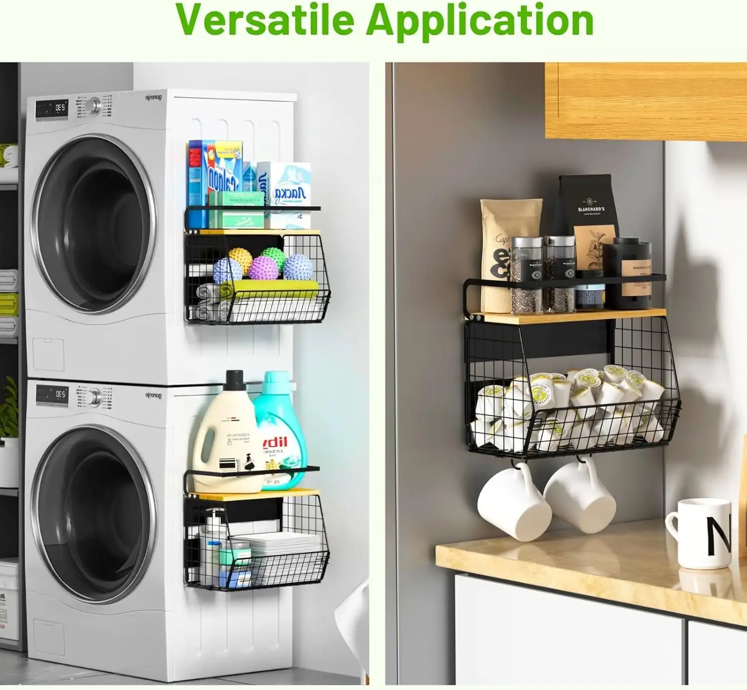 Efficient small apartment kitchen storage solutions with wall-mounted shelves and baskets.