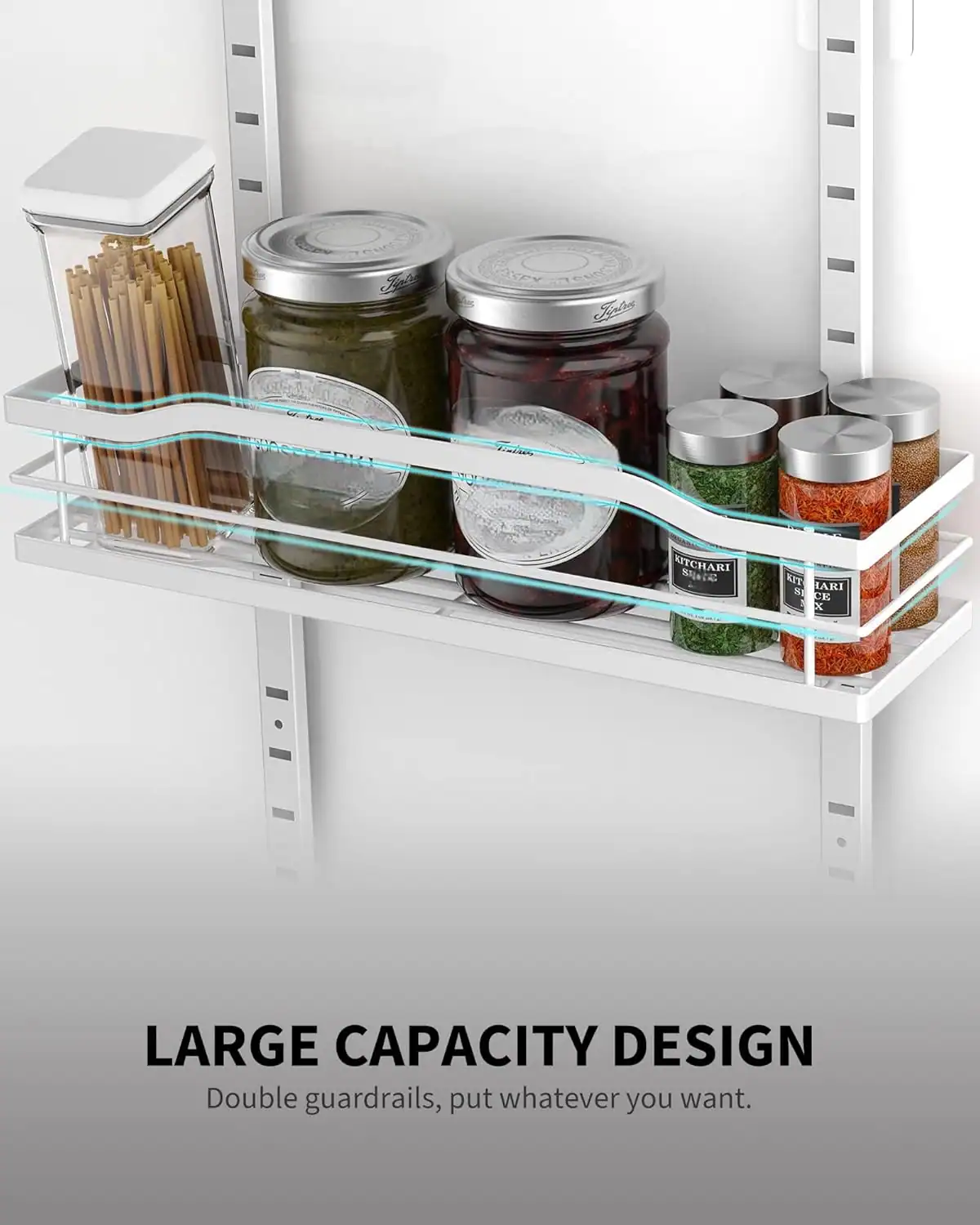 Kitchen storage jars and containers on a shelf for small apartment kitchens.