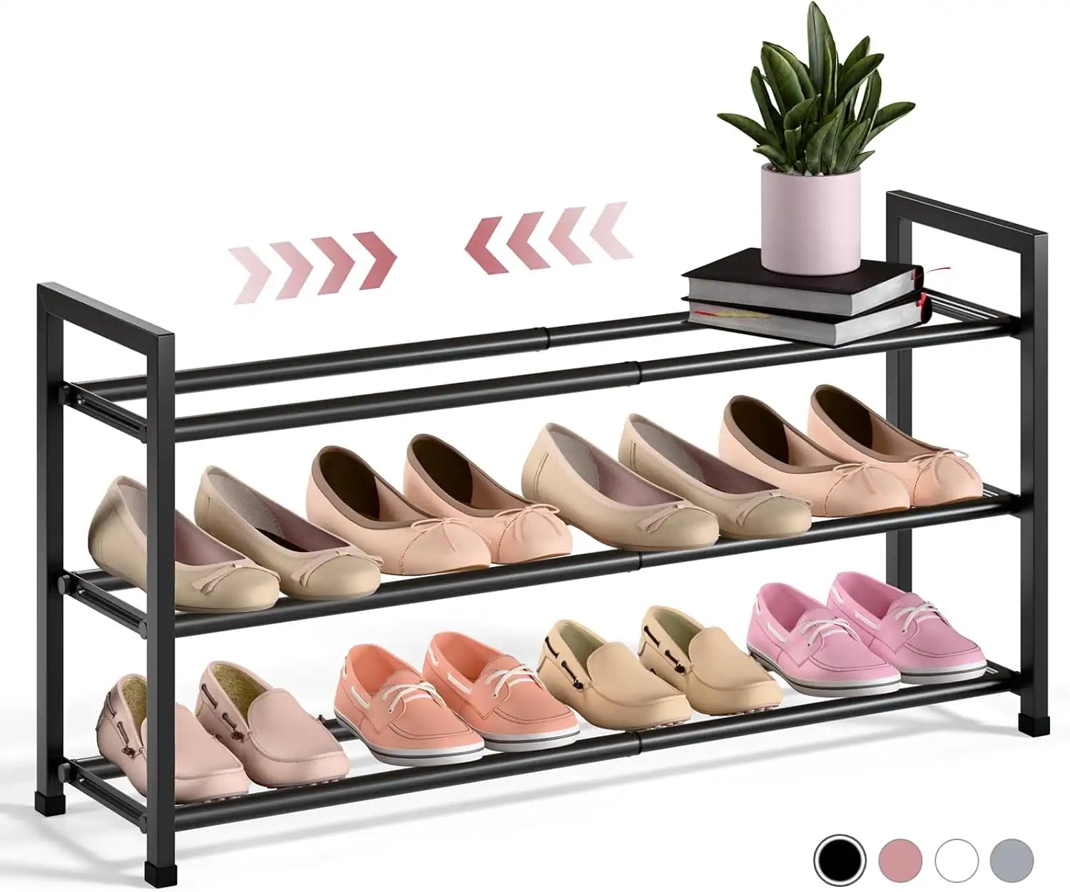 Shoe organization rack with potted plant for small apartment entryway.