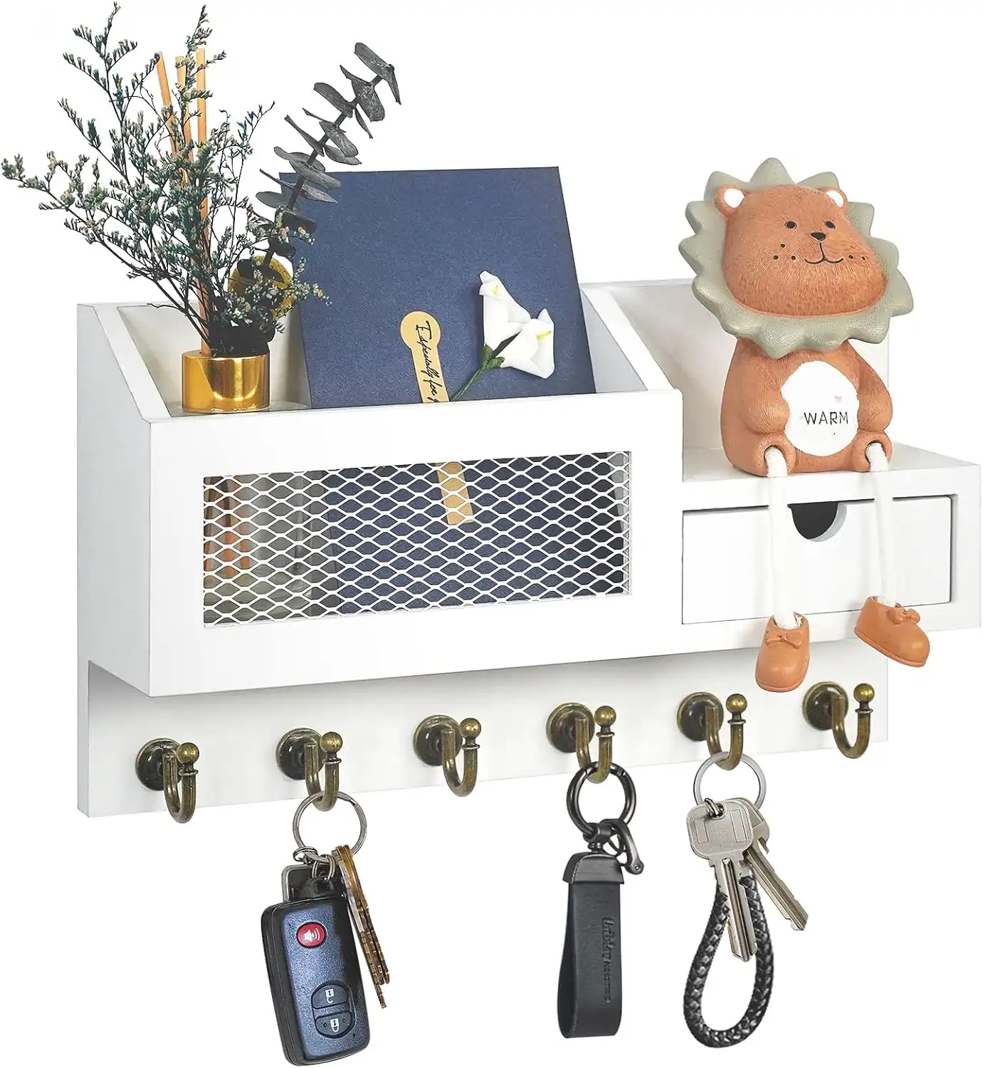Compact entryway storage with hooks and decorative accents.