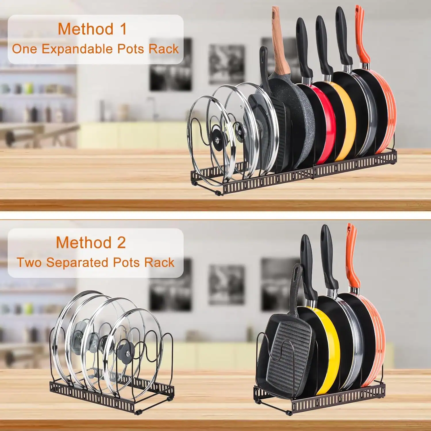 Pan and lid organizer rack for small apartment kitchens
