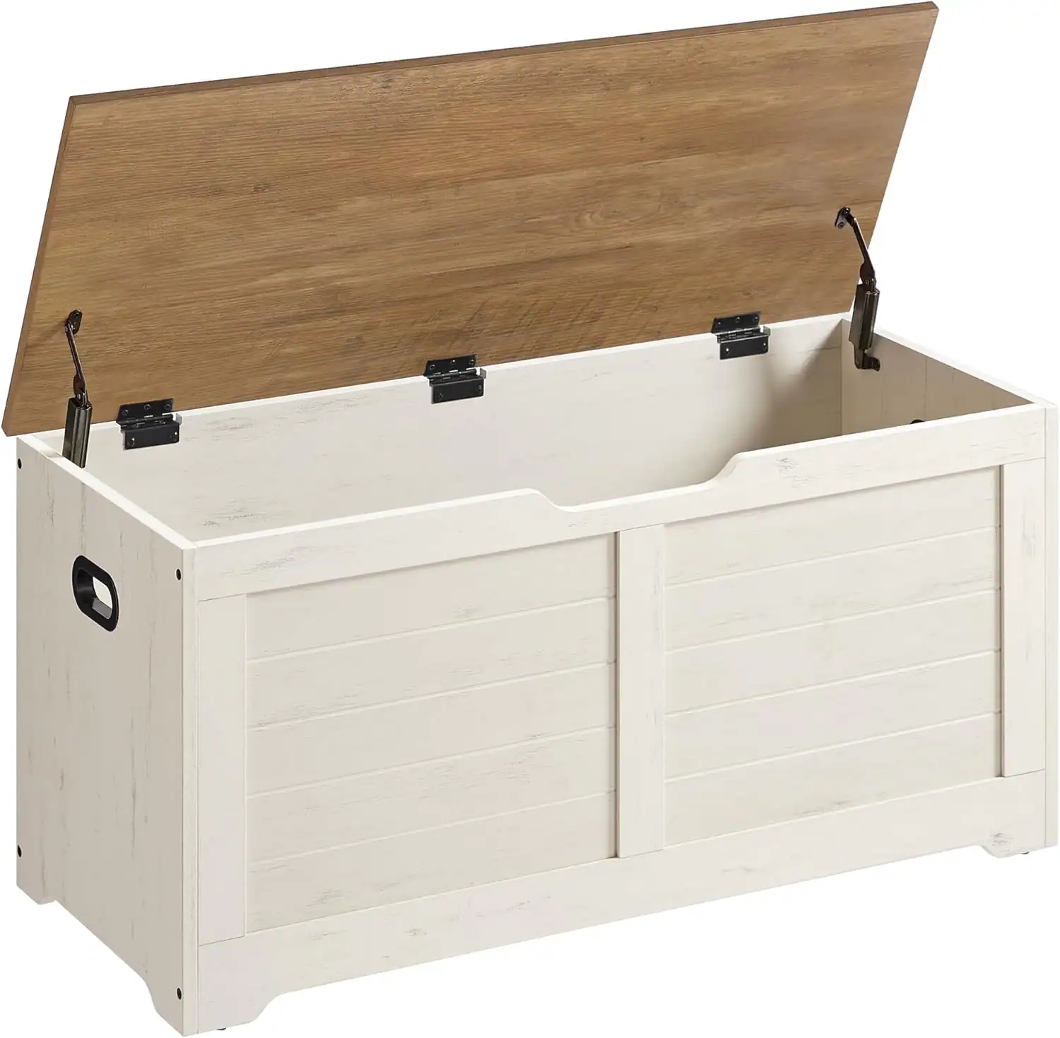 Storage bench with hinged lid for small apartment entryway organization.