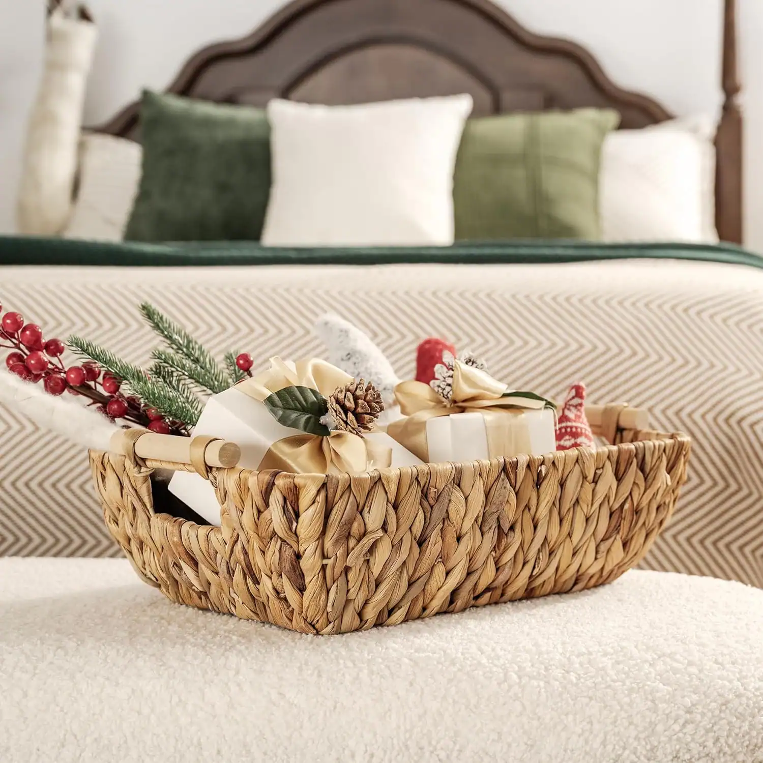 Entryway organization with baskets and holiday decor for small apartments.