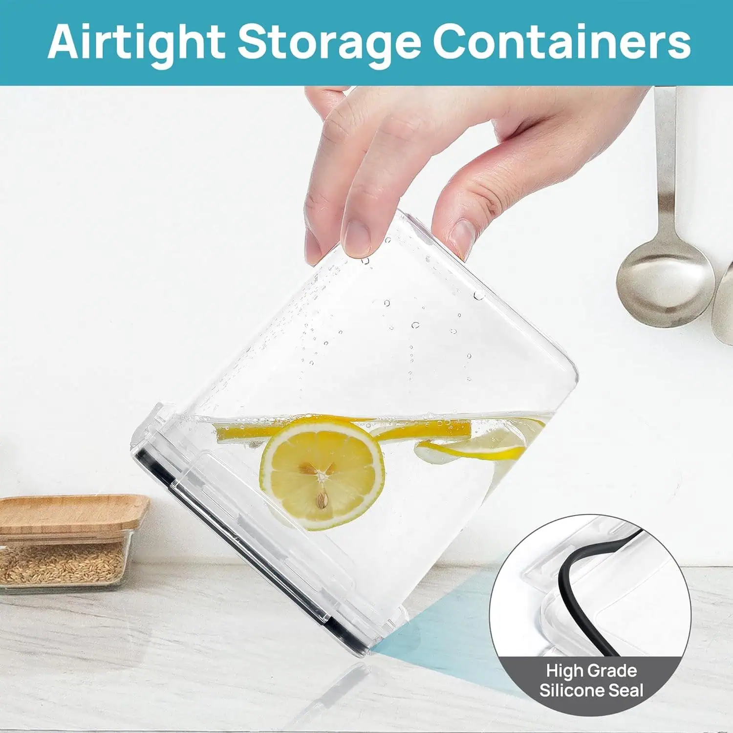 Airtight storage containers with lemon slices, perfect for small apartment kitchen organization.