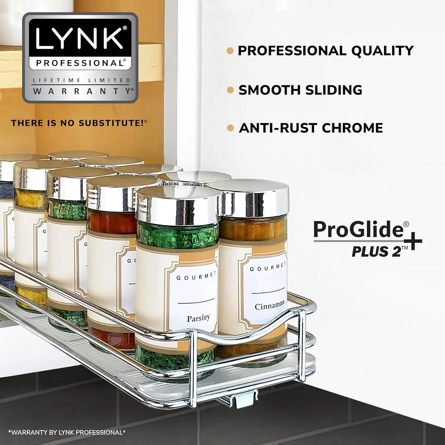 Efficient kitchen spice storage with sleek, anti-rust chrome sliding rack.
