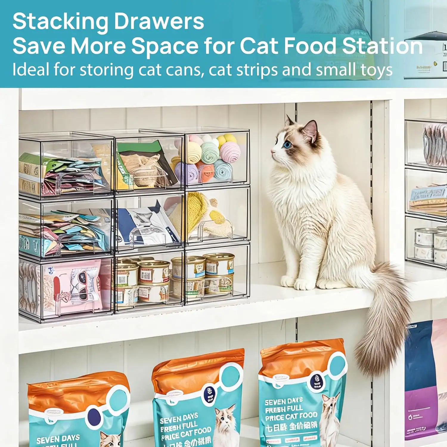 Stacking drawers for small apartment kitchen organization and cat food storage.