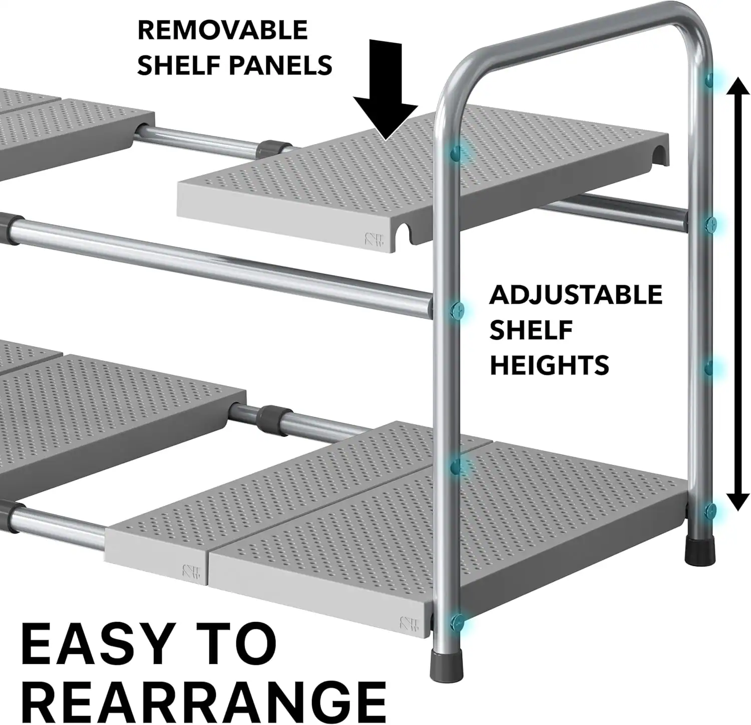 Removable shelf panels with adjustable heights for small apartment kitchens.