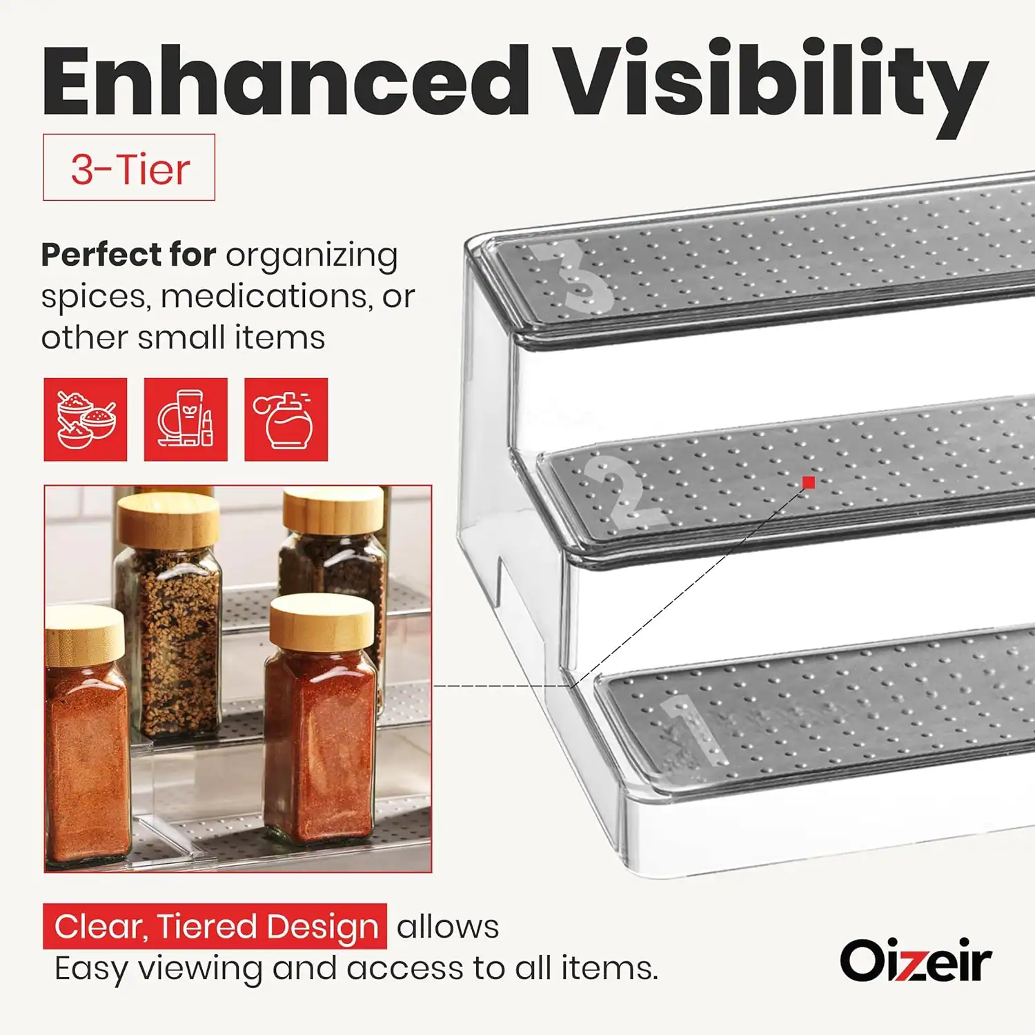 Efficient tiered storage for small apartment kitchens, perfect for spices and medications.