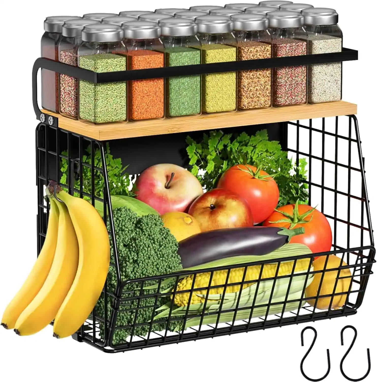 Organized small apartment kitchen with fruit and spice storage solutions.