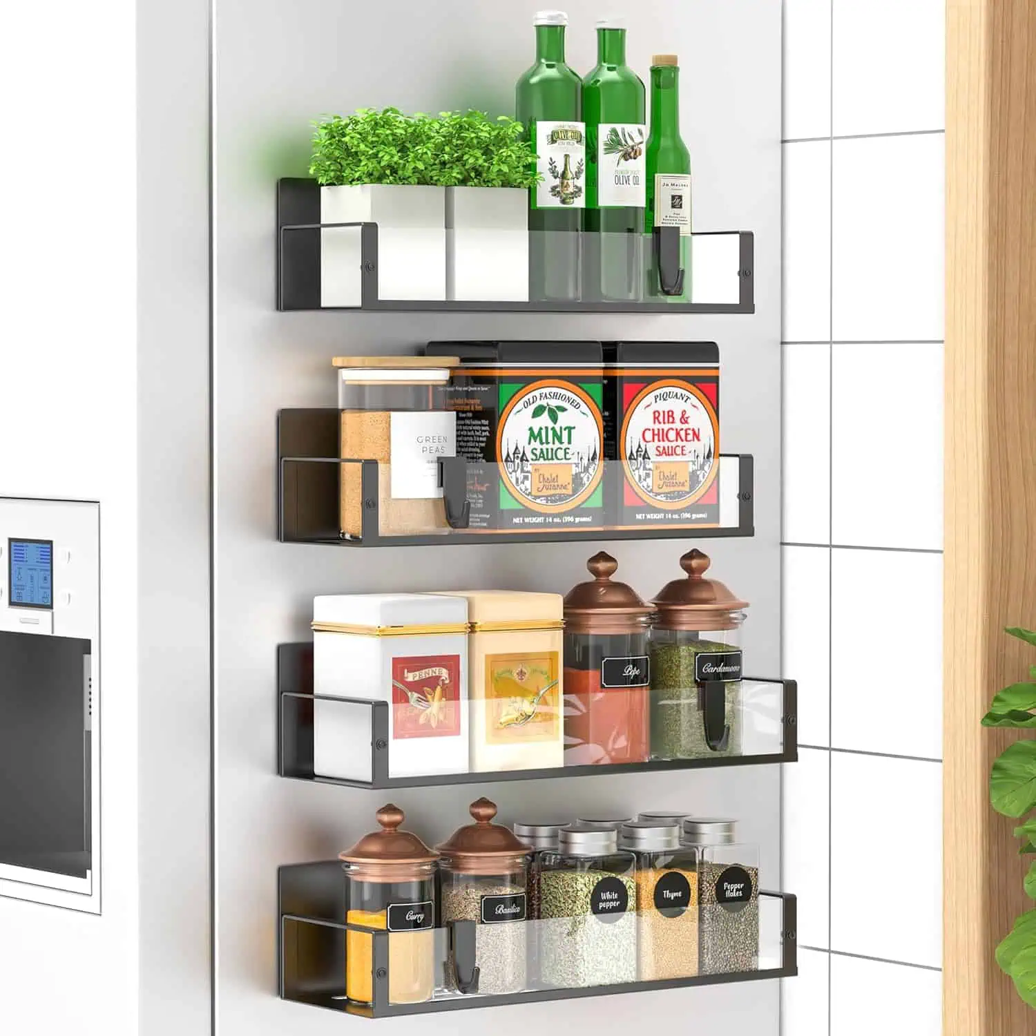 Efficient small apartment kitchen storage solutions with labeled jars and shelves.
