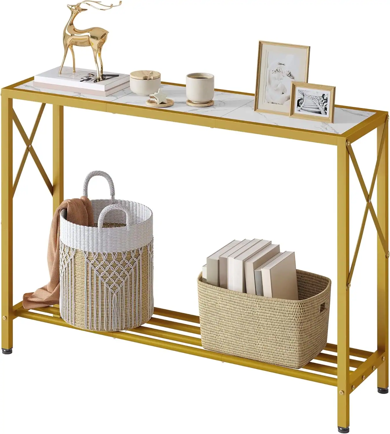 Entryway organization with baskets and decor for small apartments.