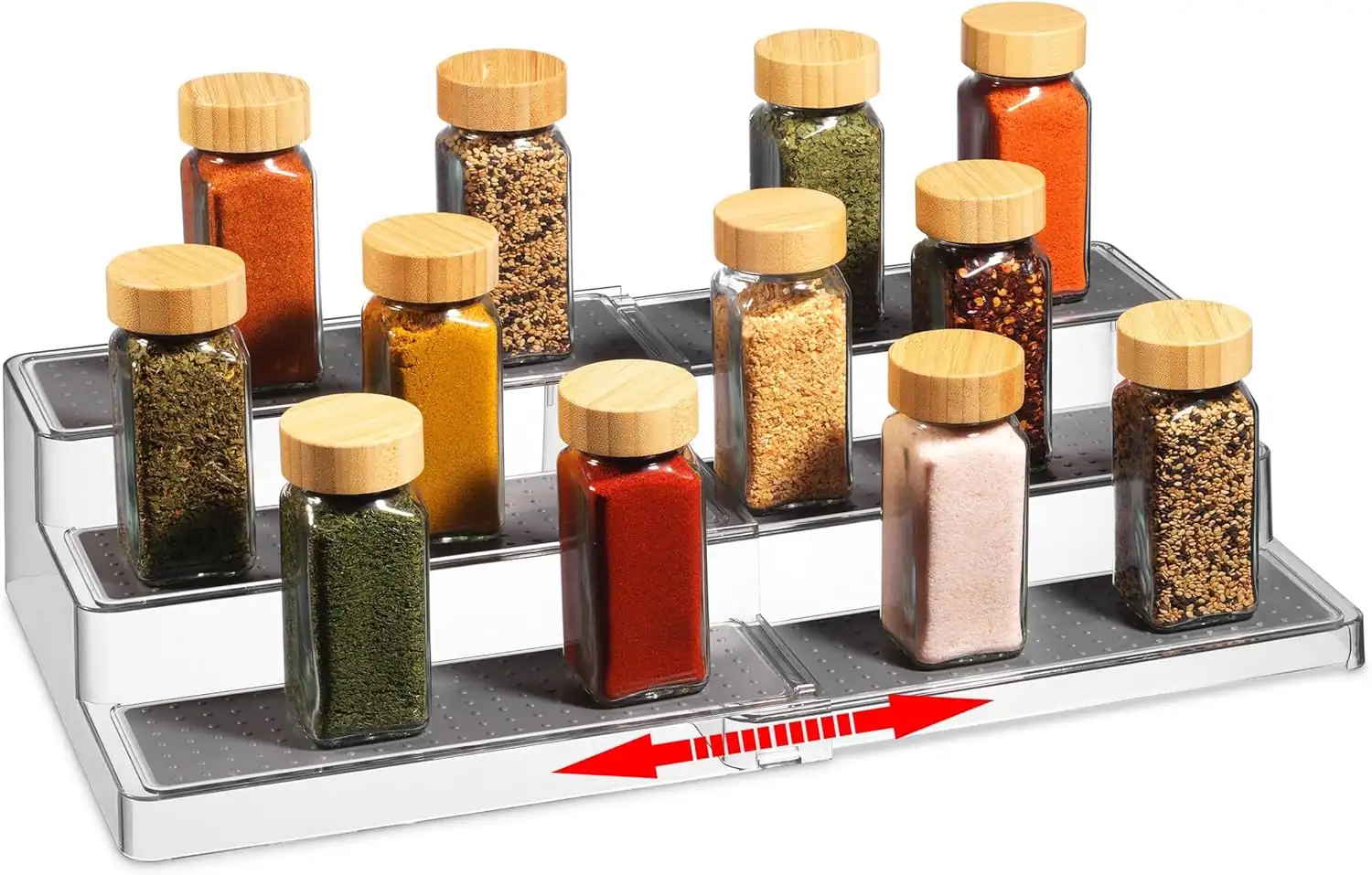 Organized spice jars on a sleek rack for small apartment kitchens.