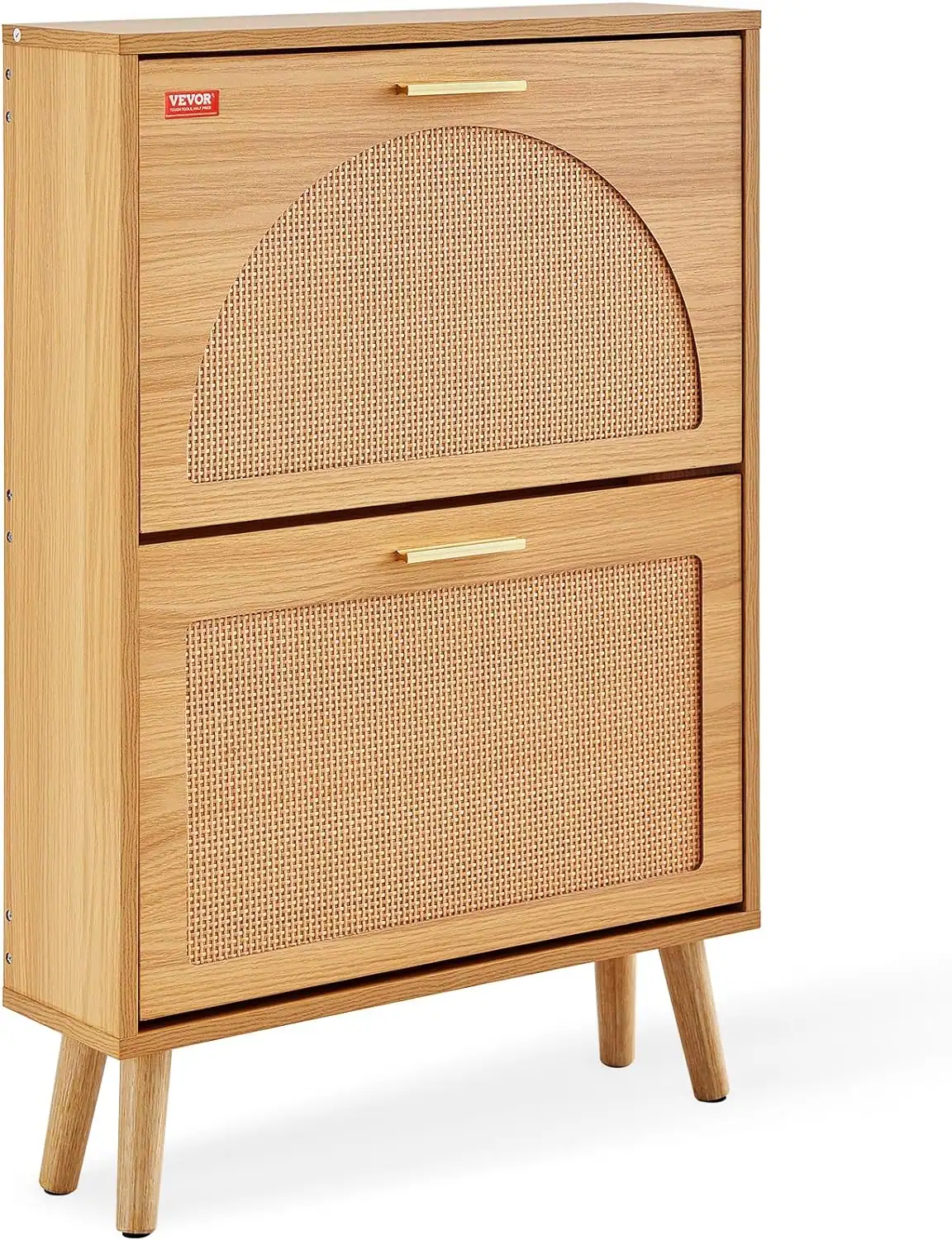 Wooden entryway cabinet with rattan doors for small apartment organization.