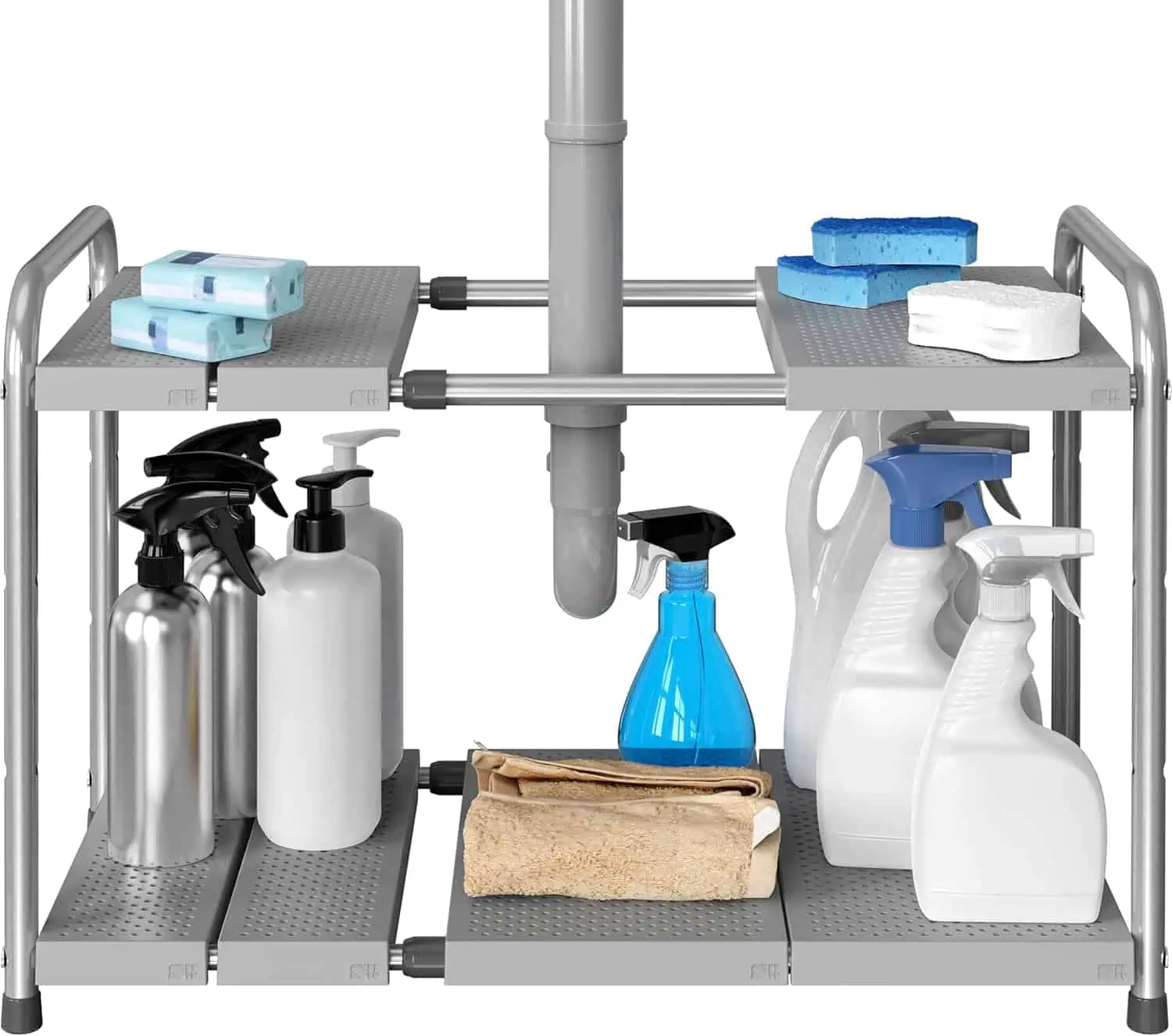Efficient small apartment kitchen storage solutions with cleaning supplies and tools.