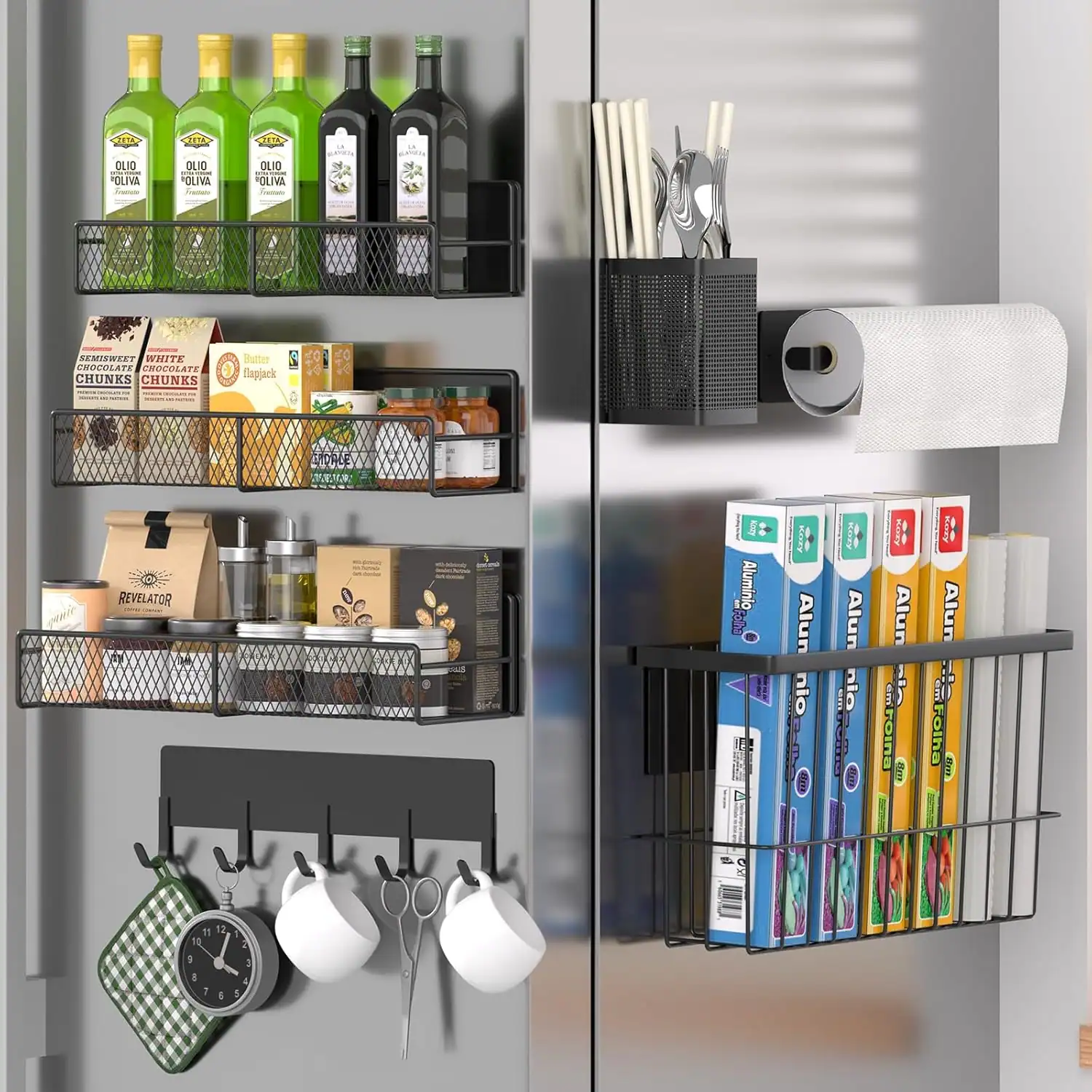 Efficient small apartment kitchen storage with spice jars, utensils, and paper towels.