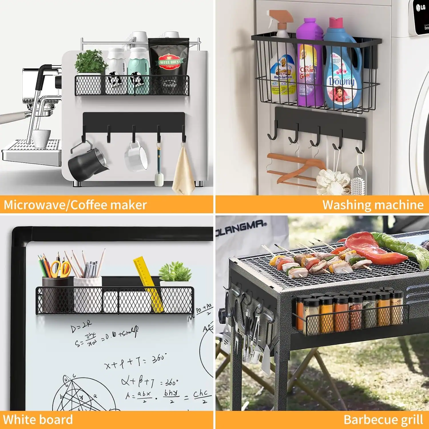 Mounted storage for cleaning supplies and kitchen tools.