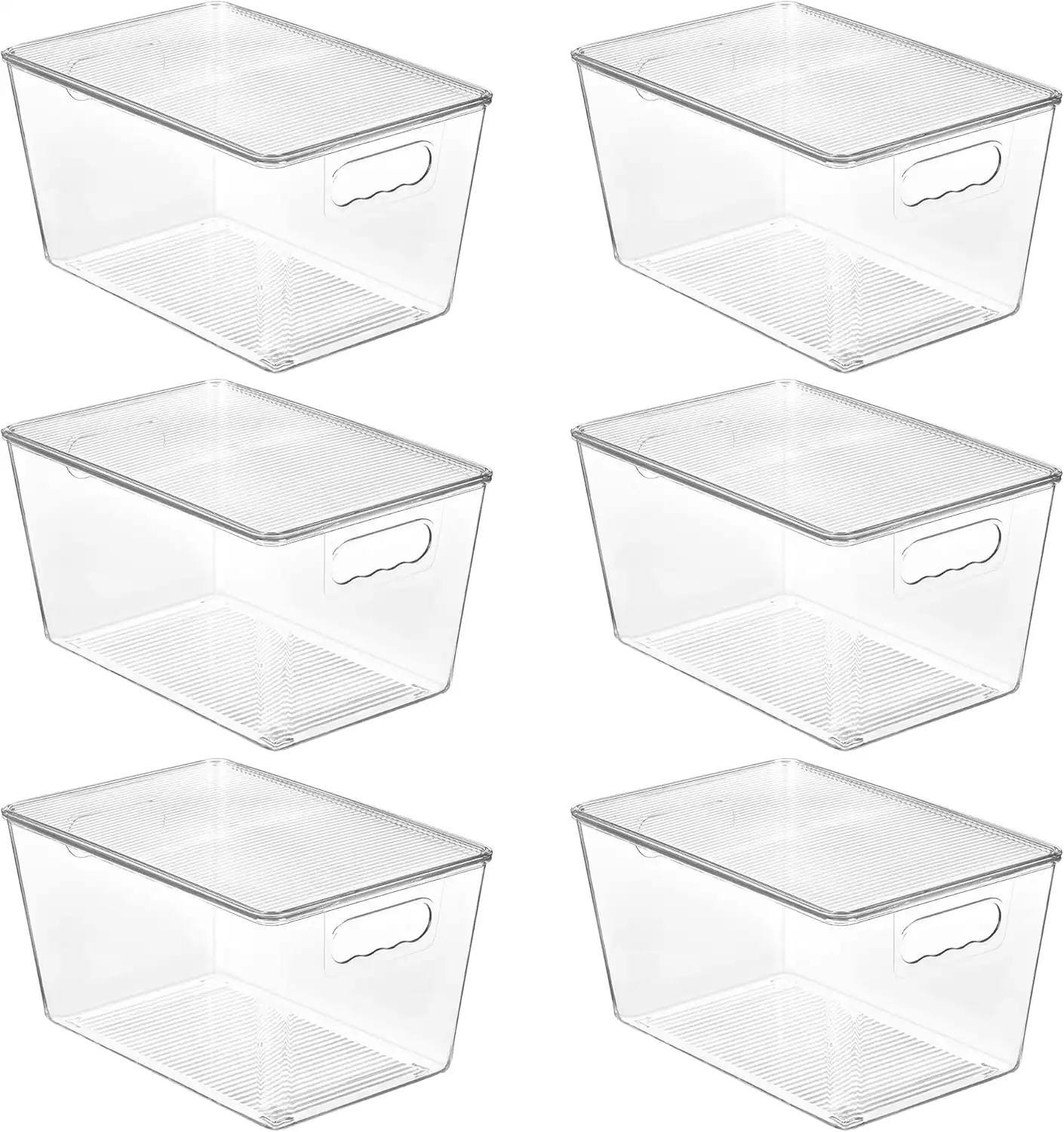Transparent storage bins for small apartment kitchen organization.