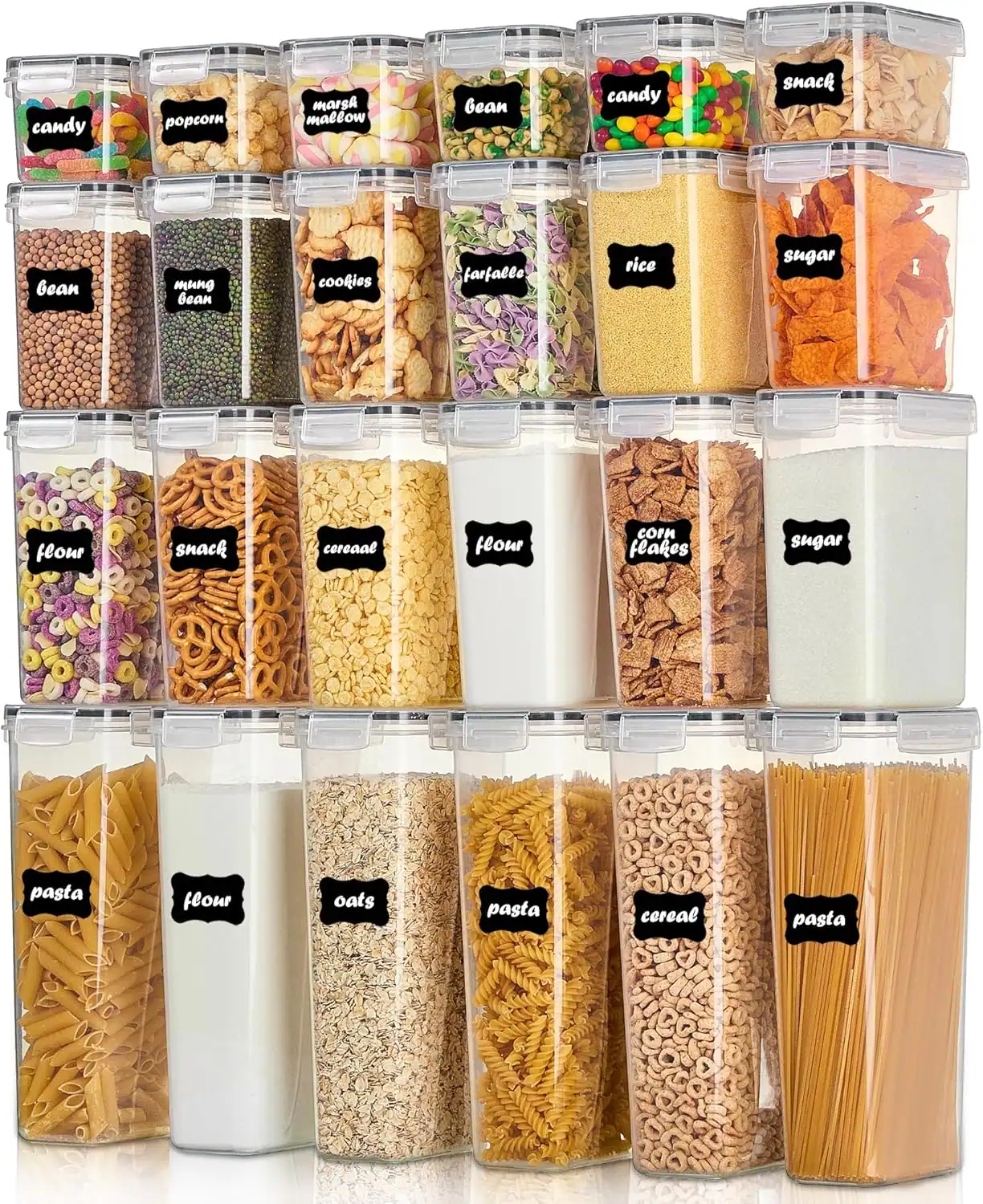 Clear pantry containers with labels for organized small kitchen storage.