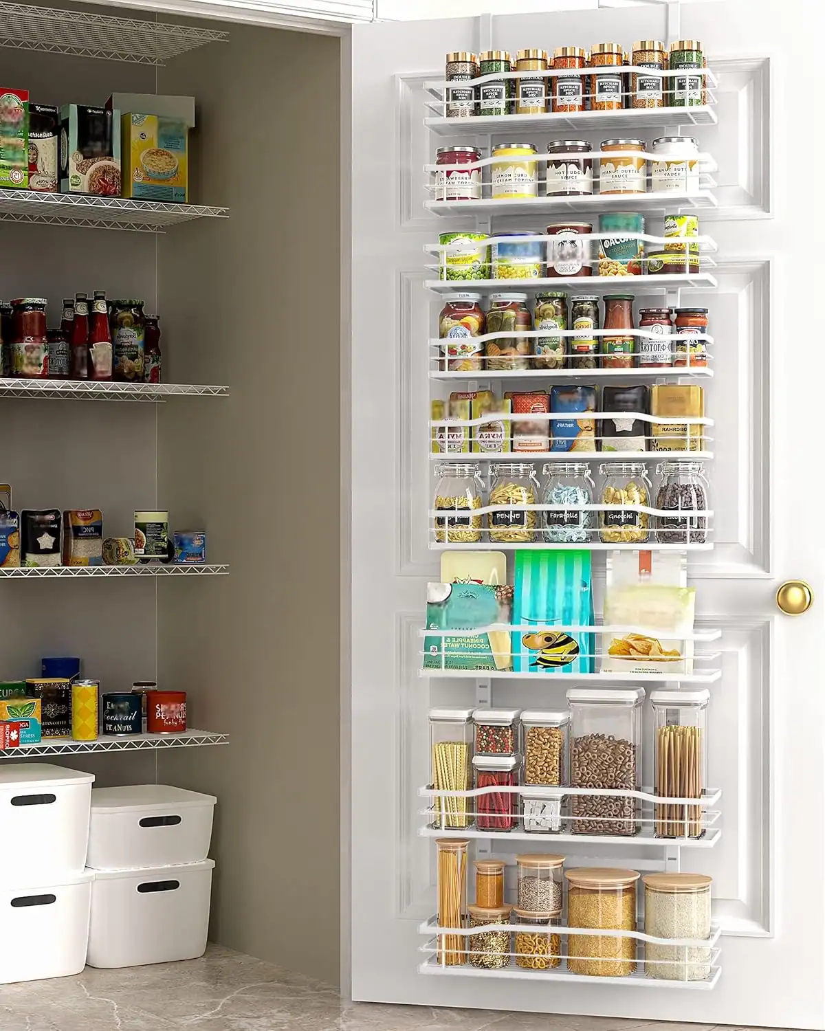 Efficient small apartment kitchen storage solutions with organized spice jars and containers.