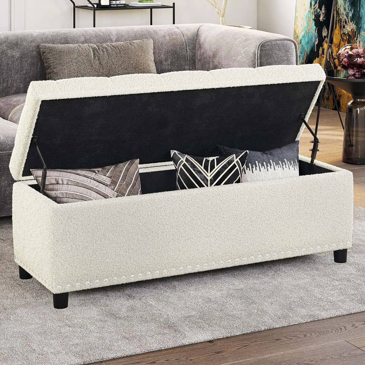 storage entryway bench with hidden compartment in a small apartment
