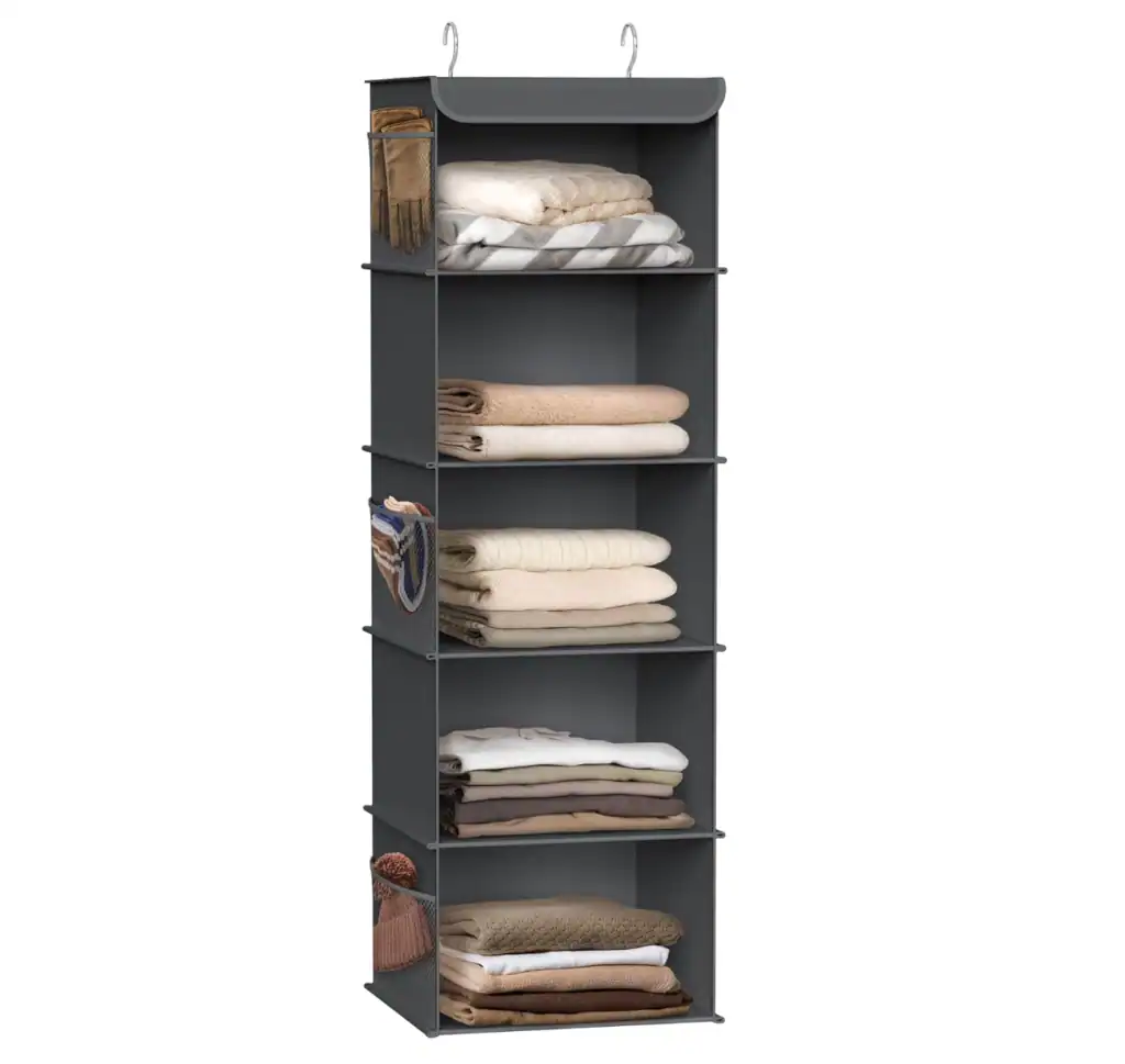 Hanging closet organizer adding vertical storage in a small apartment closet for renters