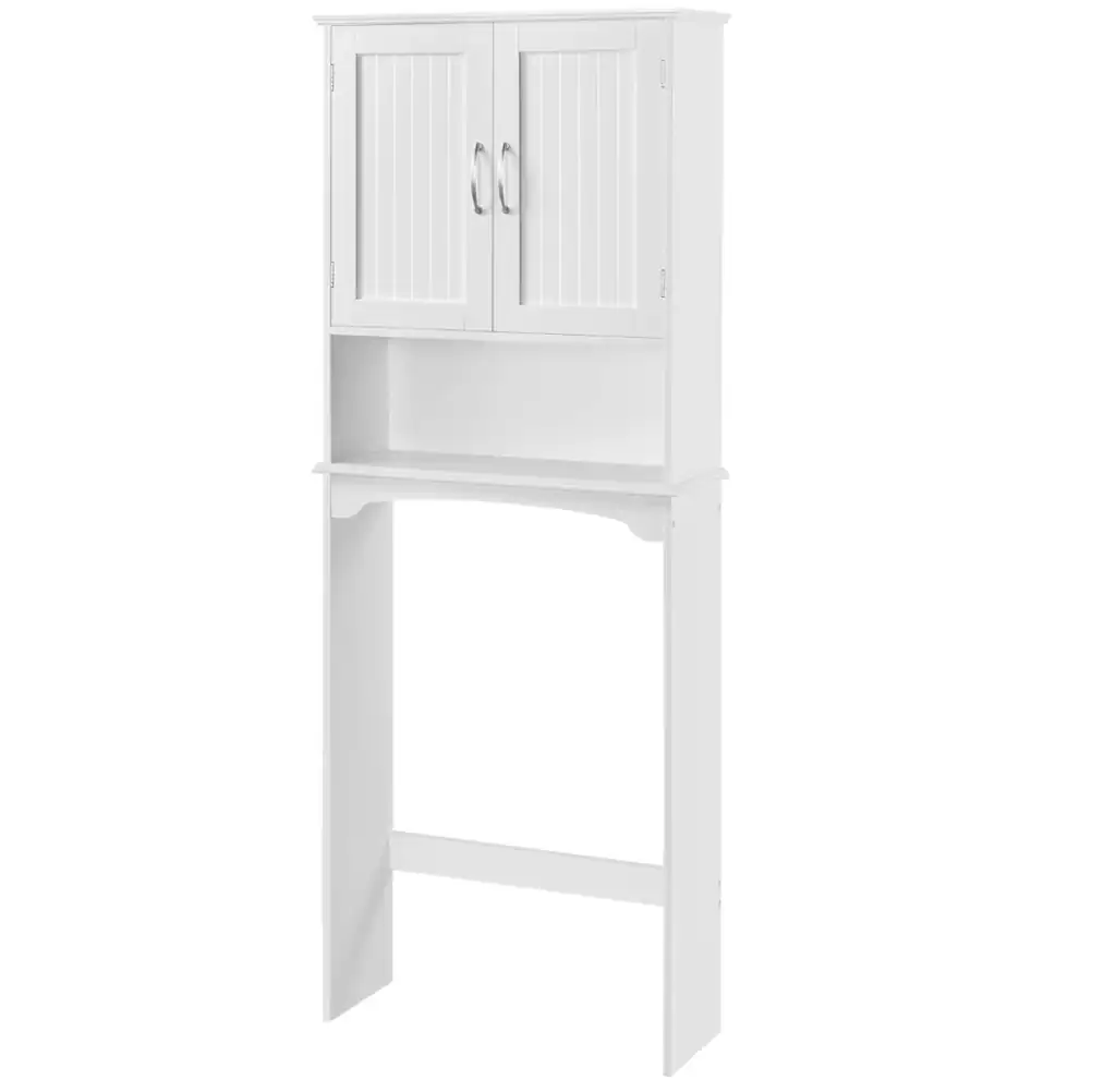 White bathroom cabinet with storage for small rental bathrooms.