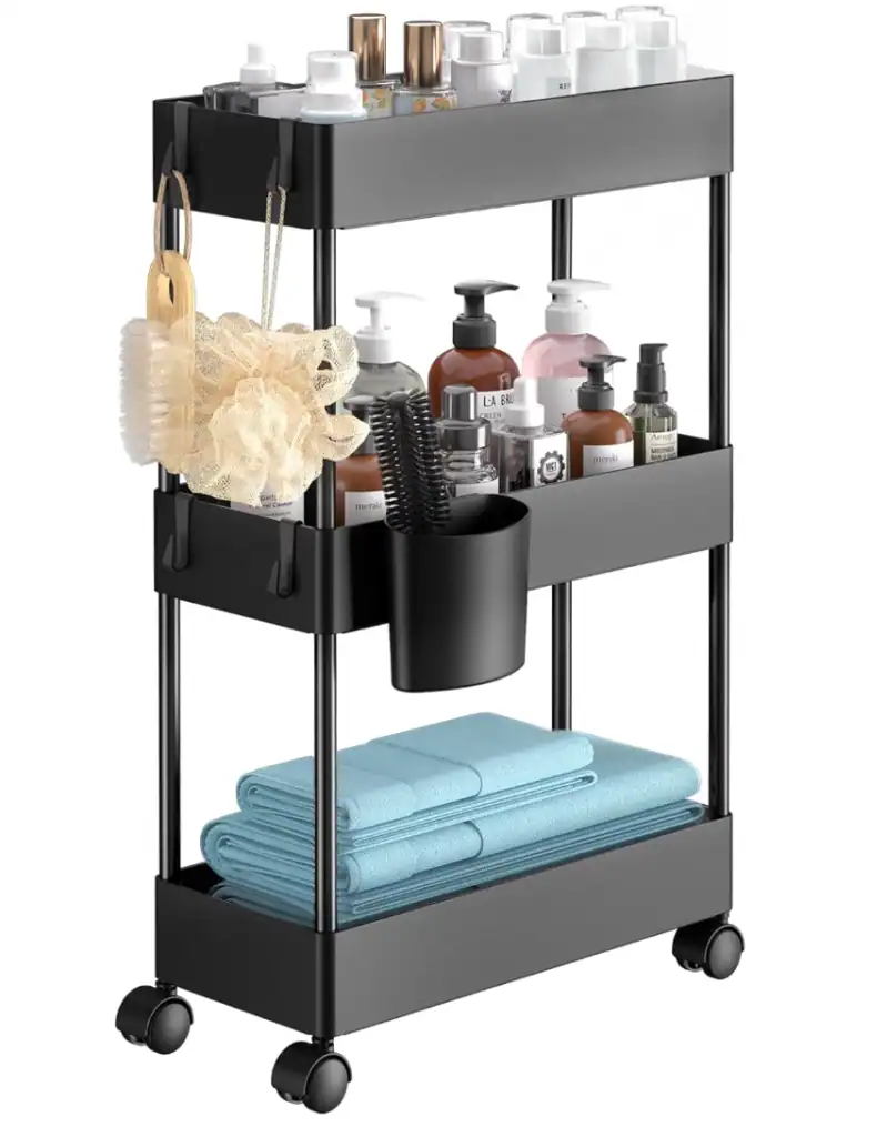 Portable bathroom organization trolley with bottles and towels.