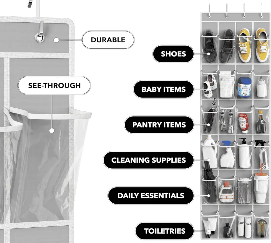 Efficient small apartment entryway with shoe storage, baby items, and cleaning supplies.
