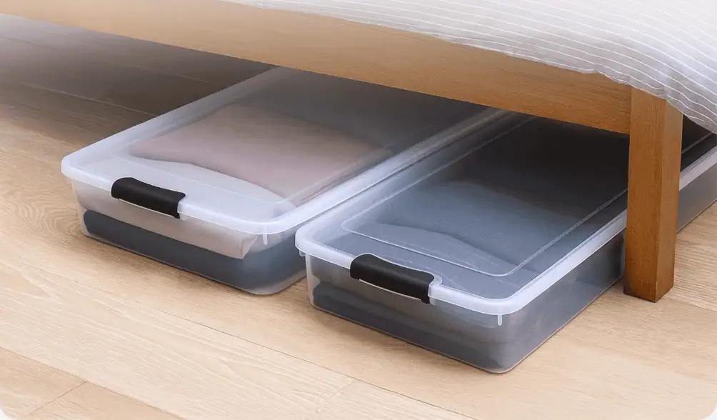 Under bed storage containers for small apartment organization.