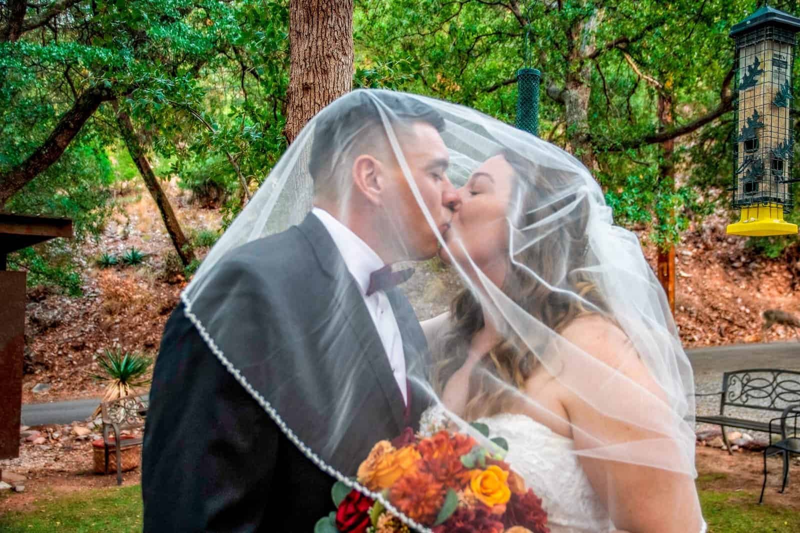 Beautiful wedding moment captured outdoors with a couple kissing under a veil, surrounded by greenery and trees.