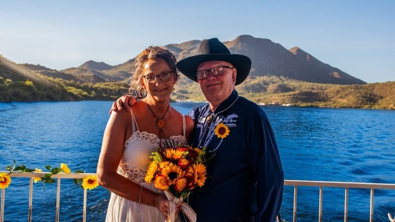 Wedding Couple with Mountain Lake View