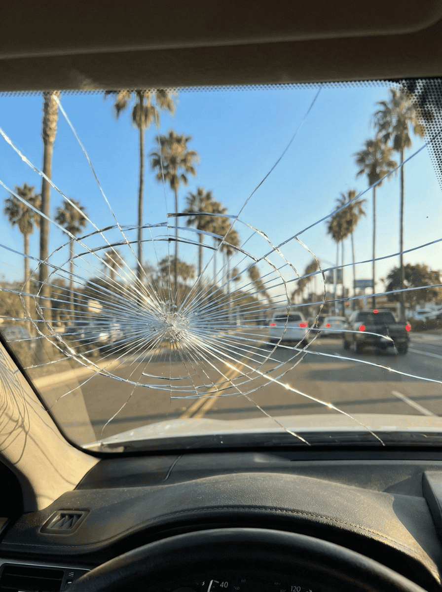 Windshield crack with spider web pattern on car in San Diego.