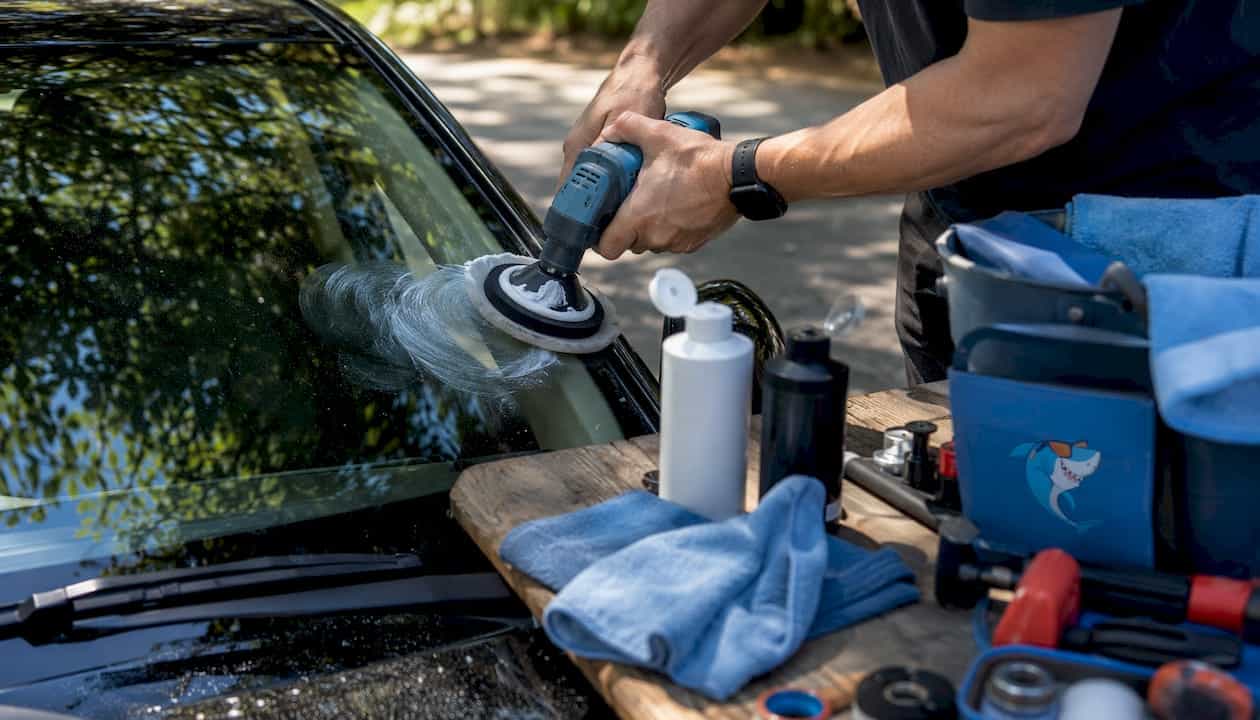 Person repairing windshield scratch with power tool outdoors.