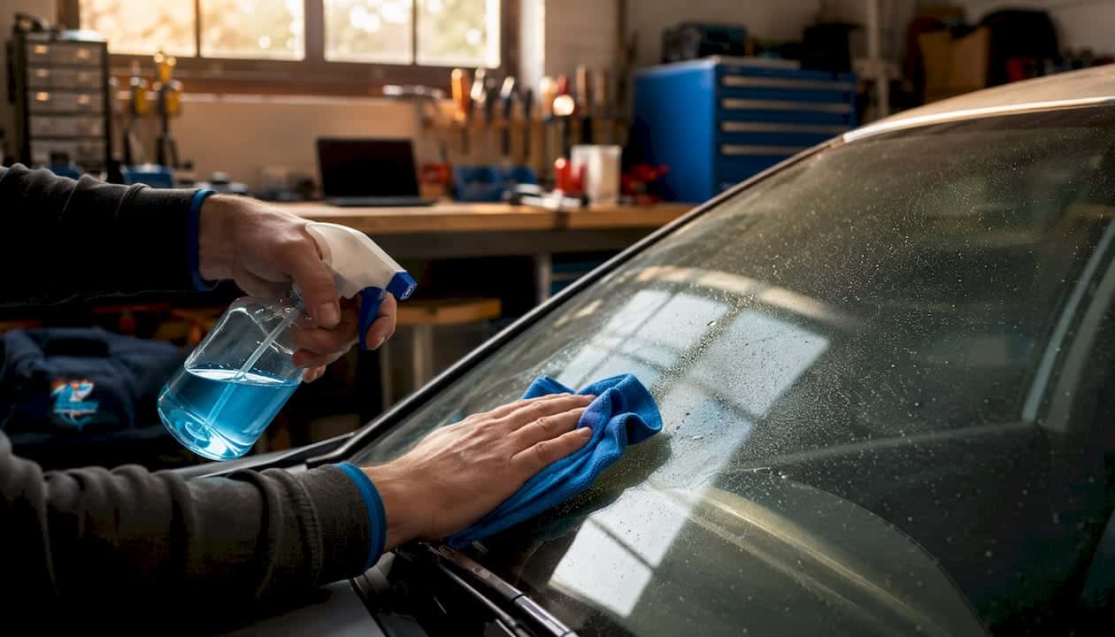 Person cleaning car windshield with spray and cloth for scratch removal.