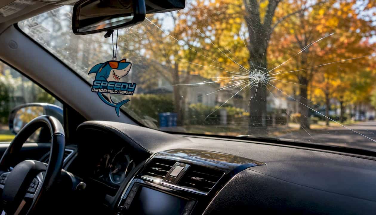 Cracked windshield with spider web pattern in a vehicle.