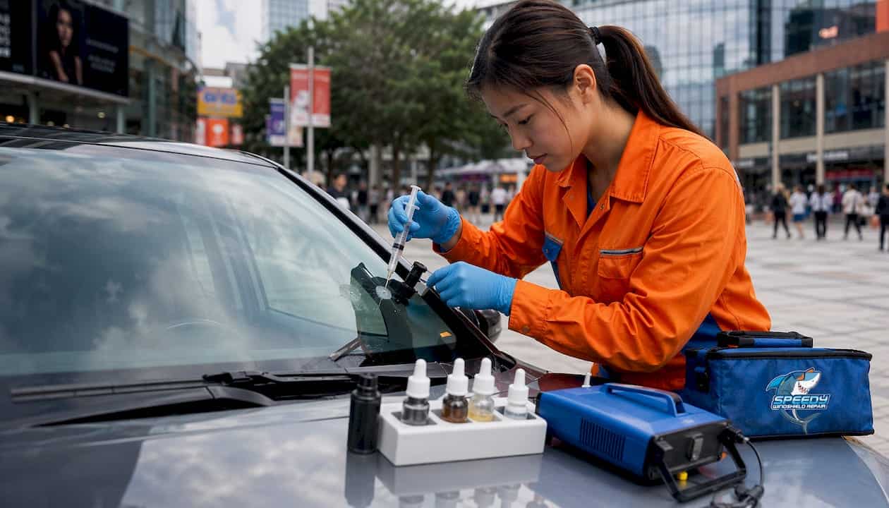 Technician repairing car windshield with tools and equipment.
