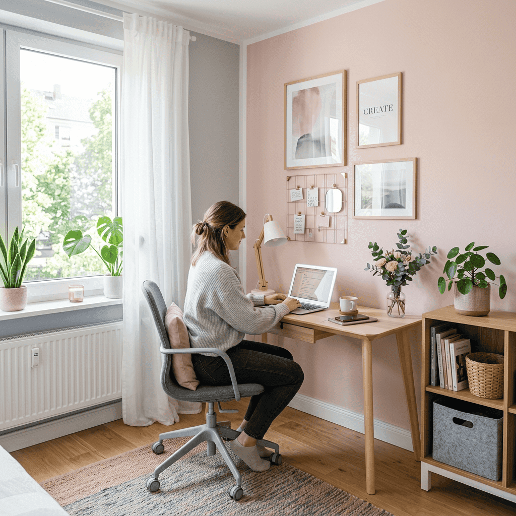 Woman sitting at a desk using a laptop in a bright home office with plants and framed art