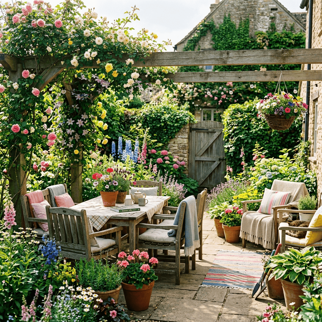 Outdoor patio with wooden table and chairs, colorful flowers and plants, hanging basket, and garden gate