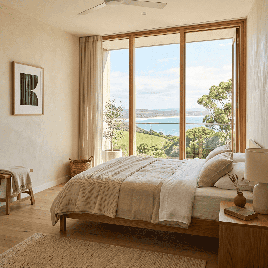 Cozy bedroom with beige bedding, wooden furniture, and large glass doors showing ocean and greenery outside