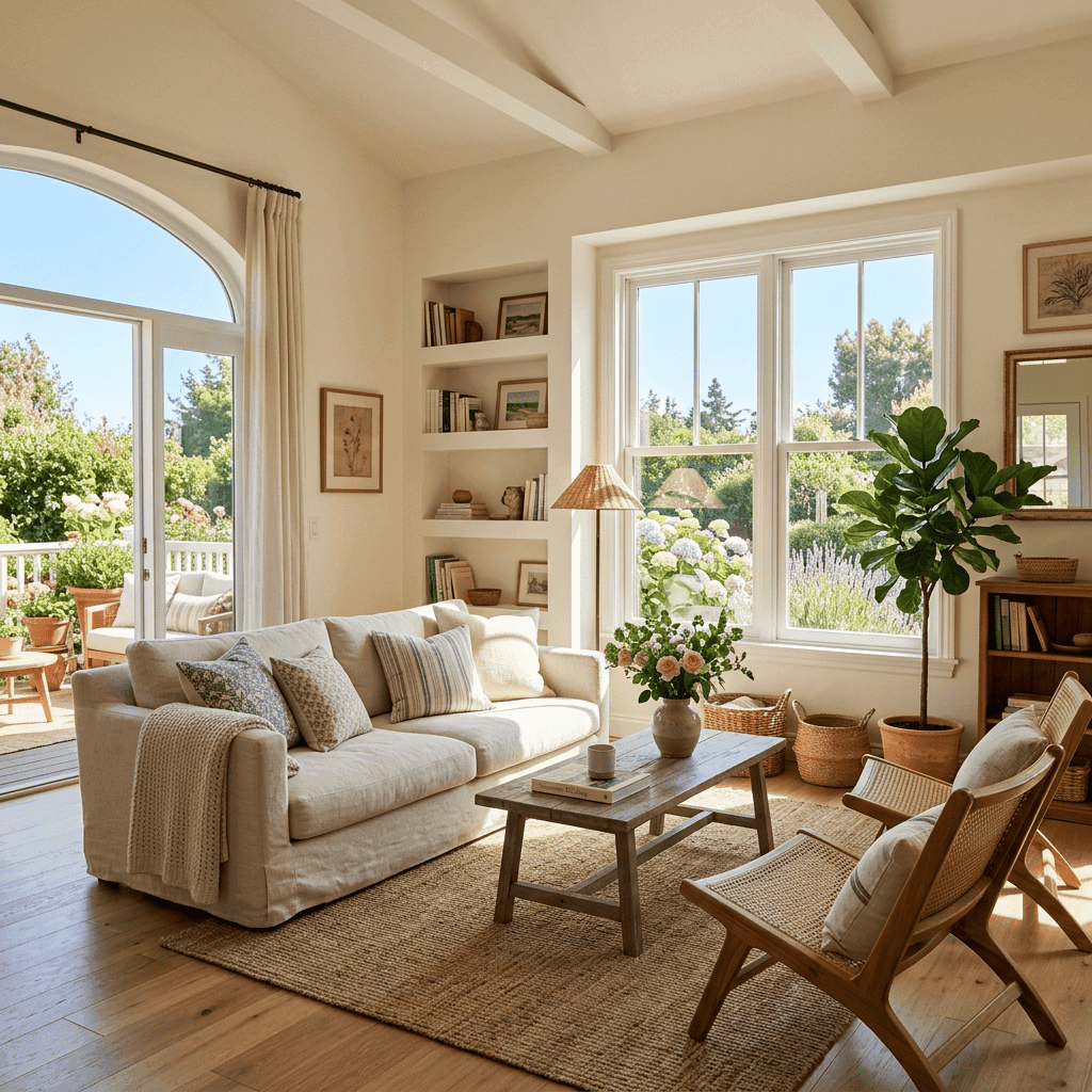 Cozy living room with sofa, wooden chairs, coffee table, and large windows showing garden