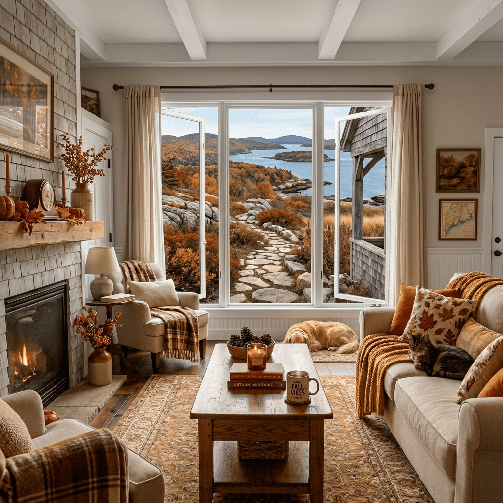 Cozy living room with fireplace, pets, and colorful autumn garden view