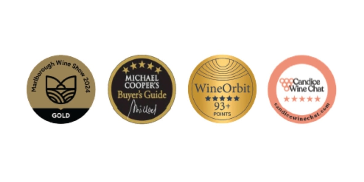Award-winning Starborough Wines labels showcasing recognition from Marborough Wine Show, Michael Cooper's Buyers Guide, WineOrbit, and Candle Wine Chat for premium Marlborough New Zealand wines.