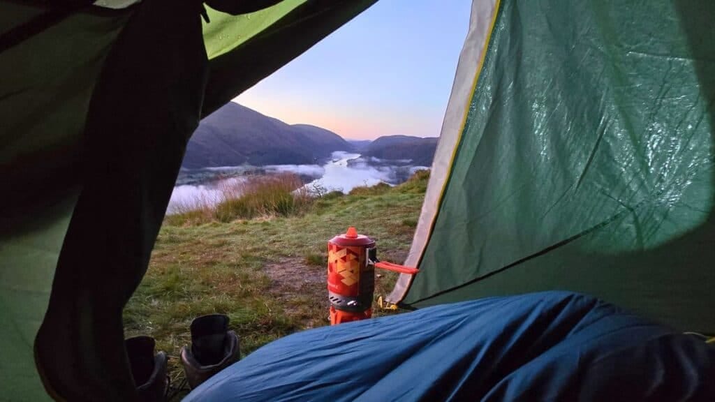 Fire Maple X2 stove at sunrise overlooking Thirlmere